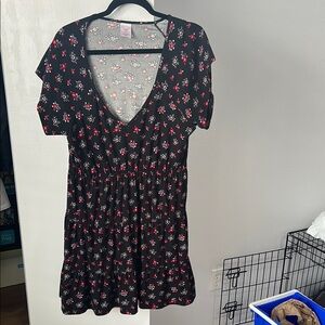 Floral Black Dress with Red and White Accents